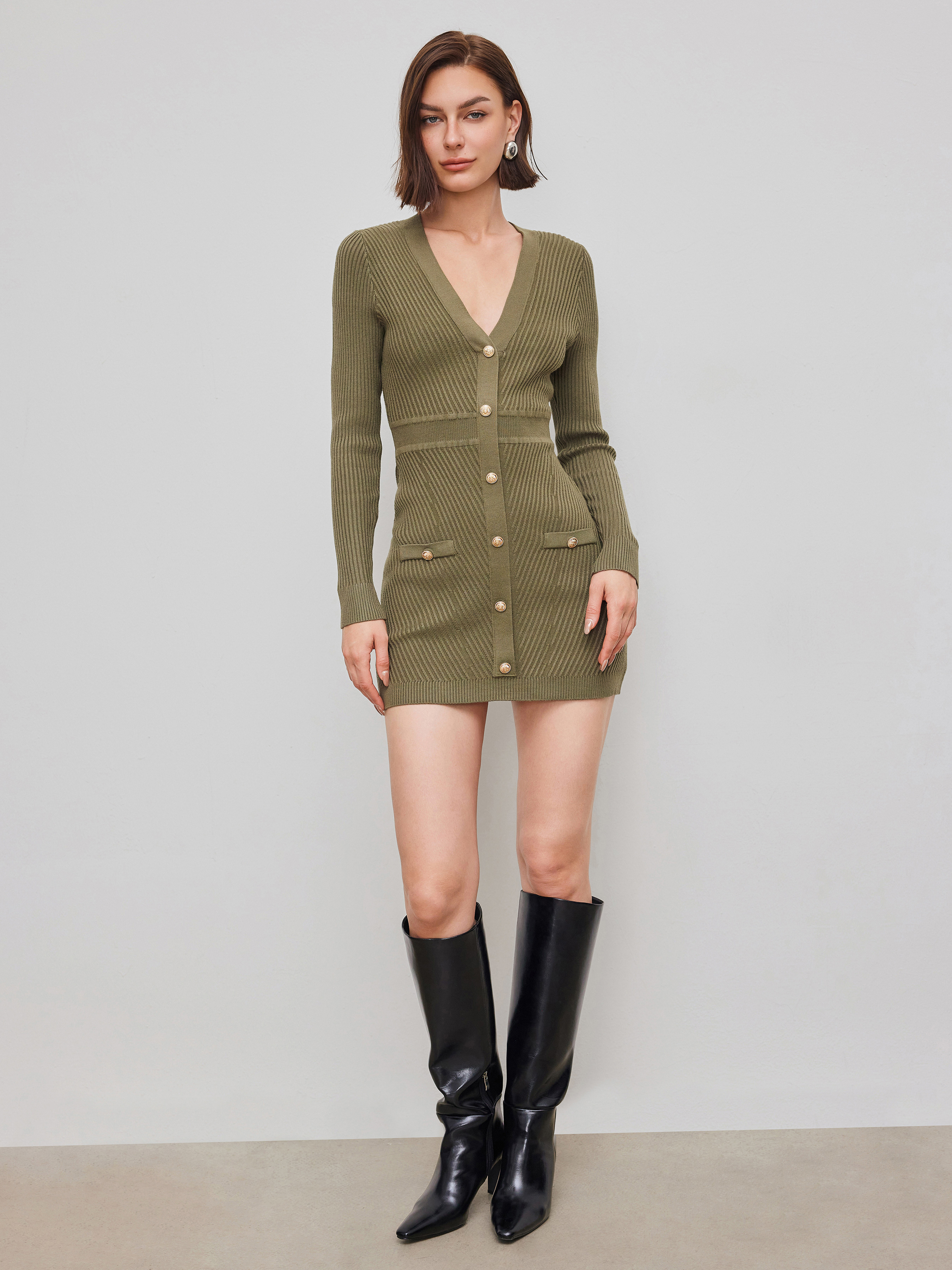 Knit Fabric Knit V-neck Button Mini Dress For Date