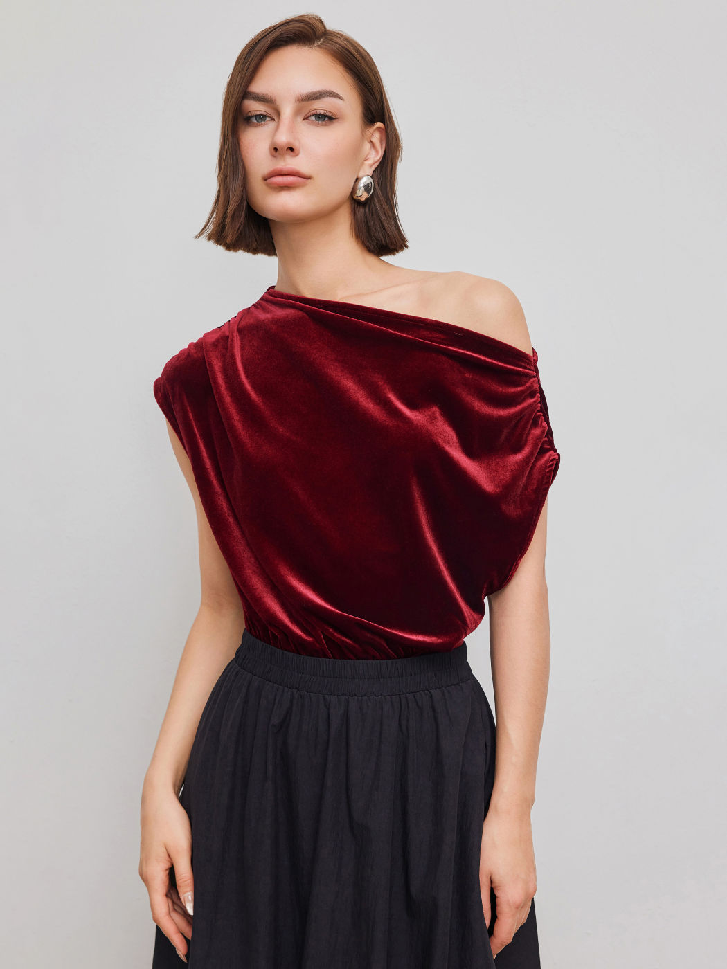 Velvet Asymmetrical Neck Ruched Bodysuit