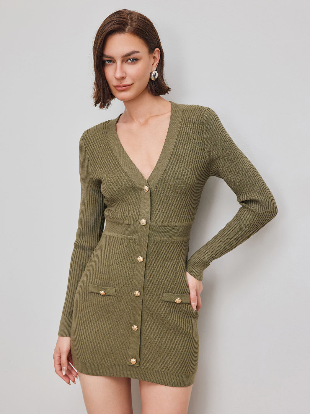 Knit V-neck Button Mini Dress