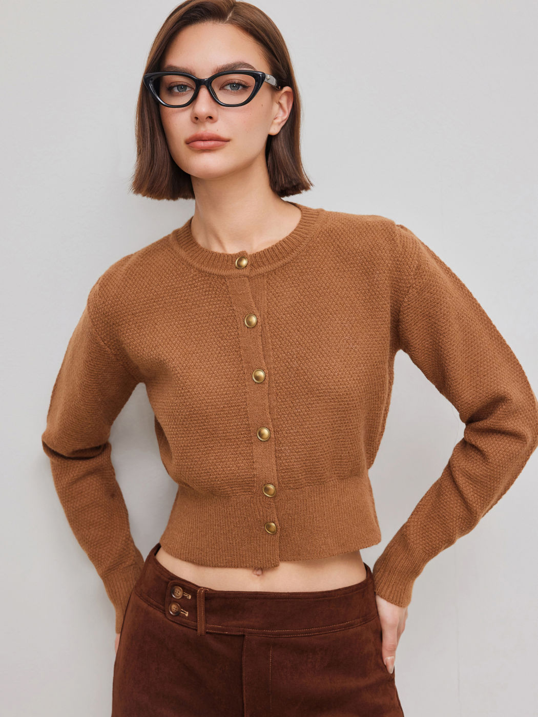 Knit Round Neckline Button Crop Cardigan