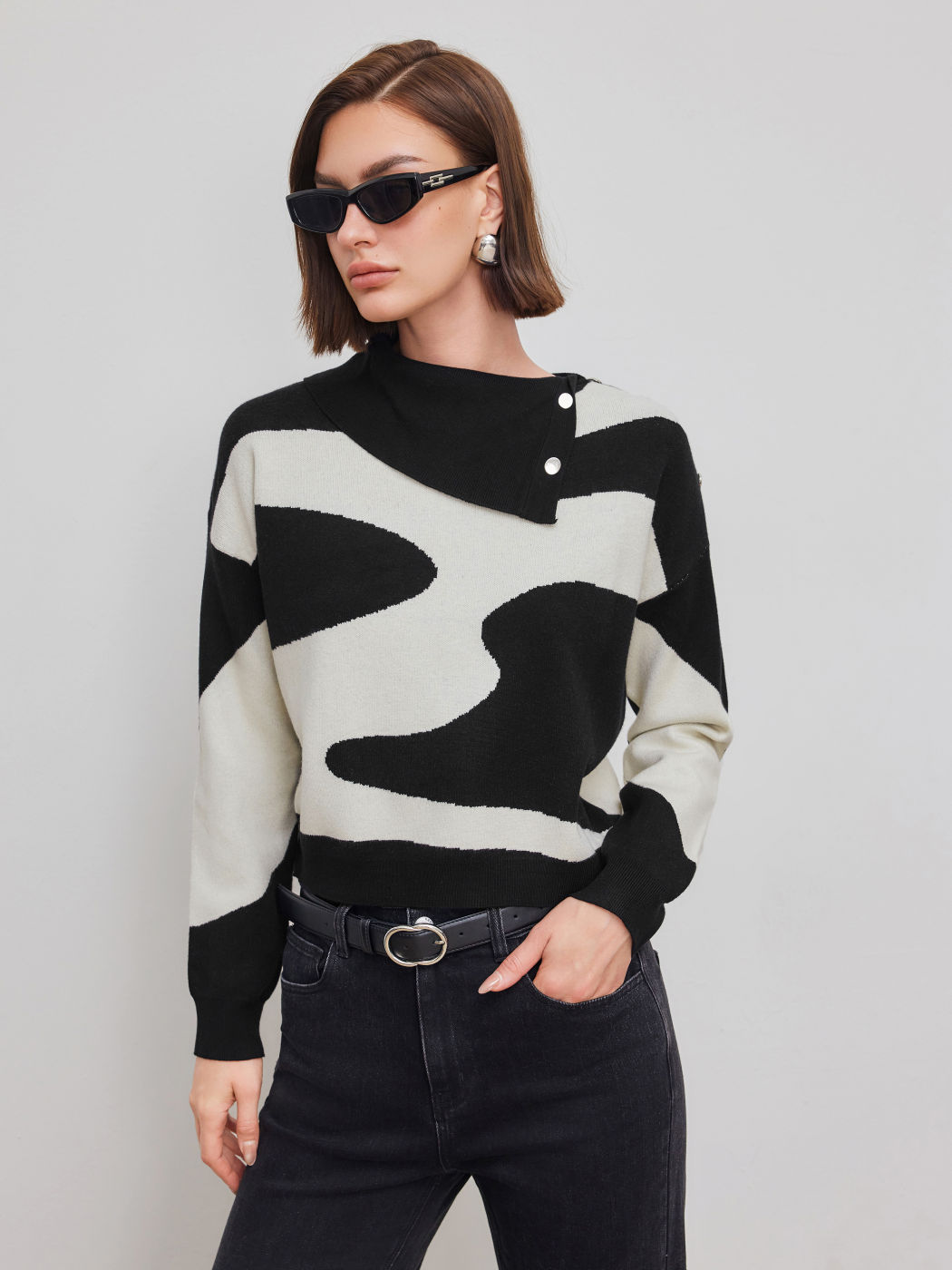 Knit Asymmetrical Neck Abstract Button Sweater