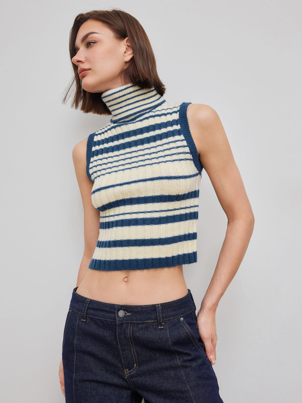 Knit Turtleneck Striped Cropped Tank Top
