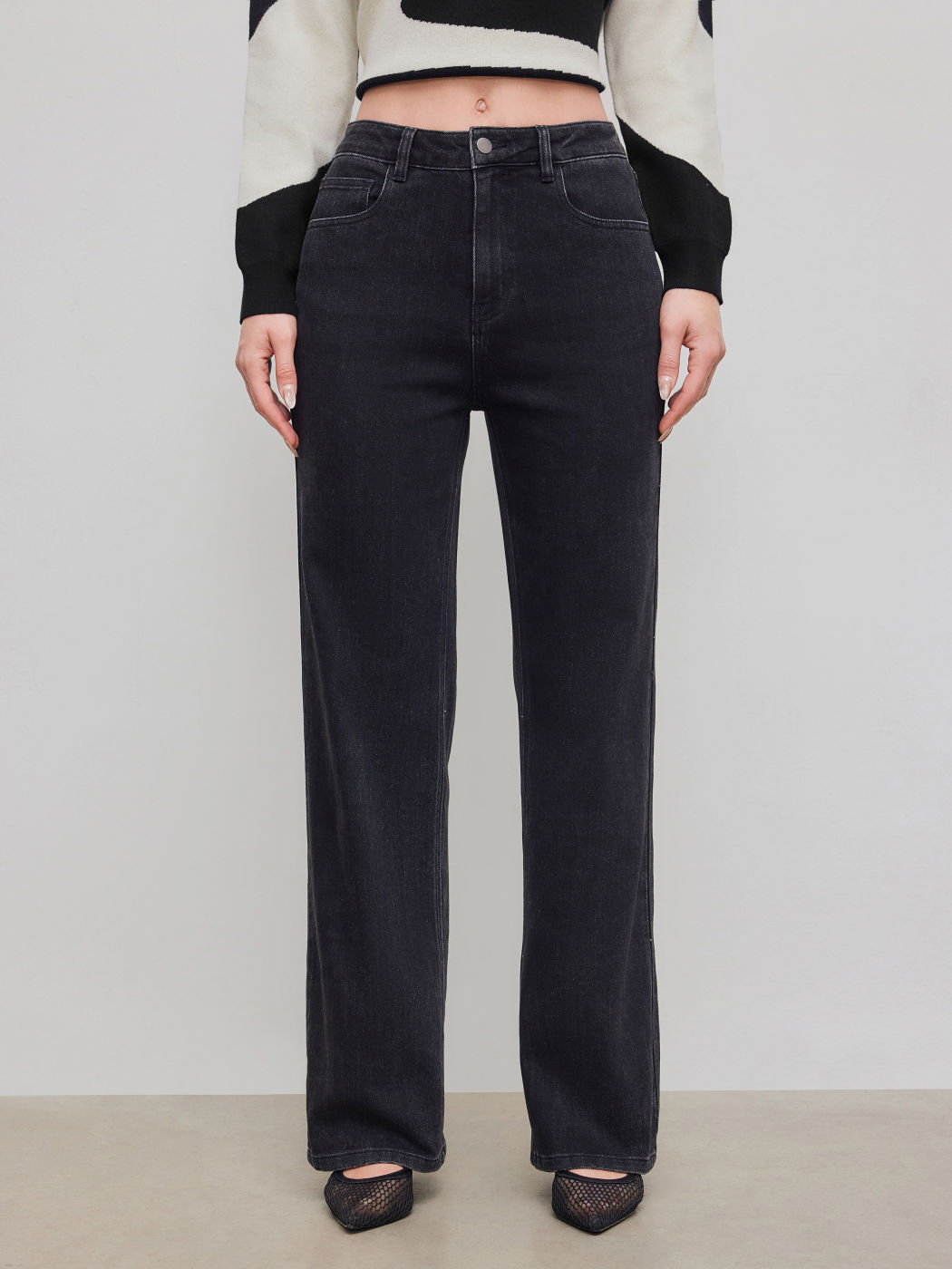 Stretch Denim High Rise Pocket Straight Leg Jeans