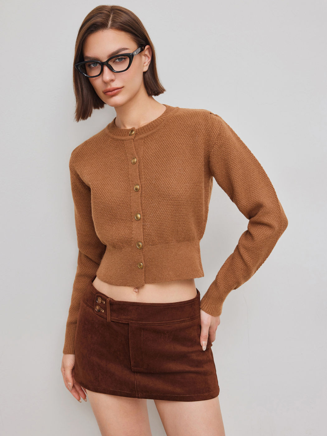 Knit Round Neckline Button Crop Cardigan