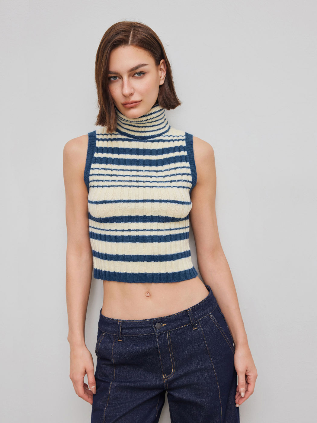 Knit Turtleneck Striped Cropped Tank Top