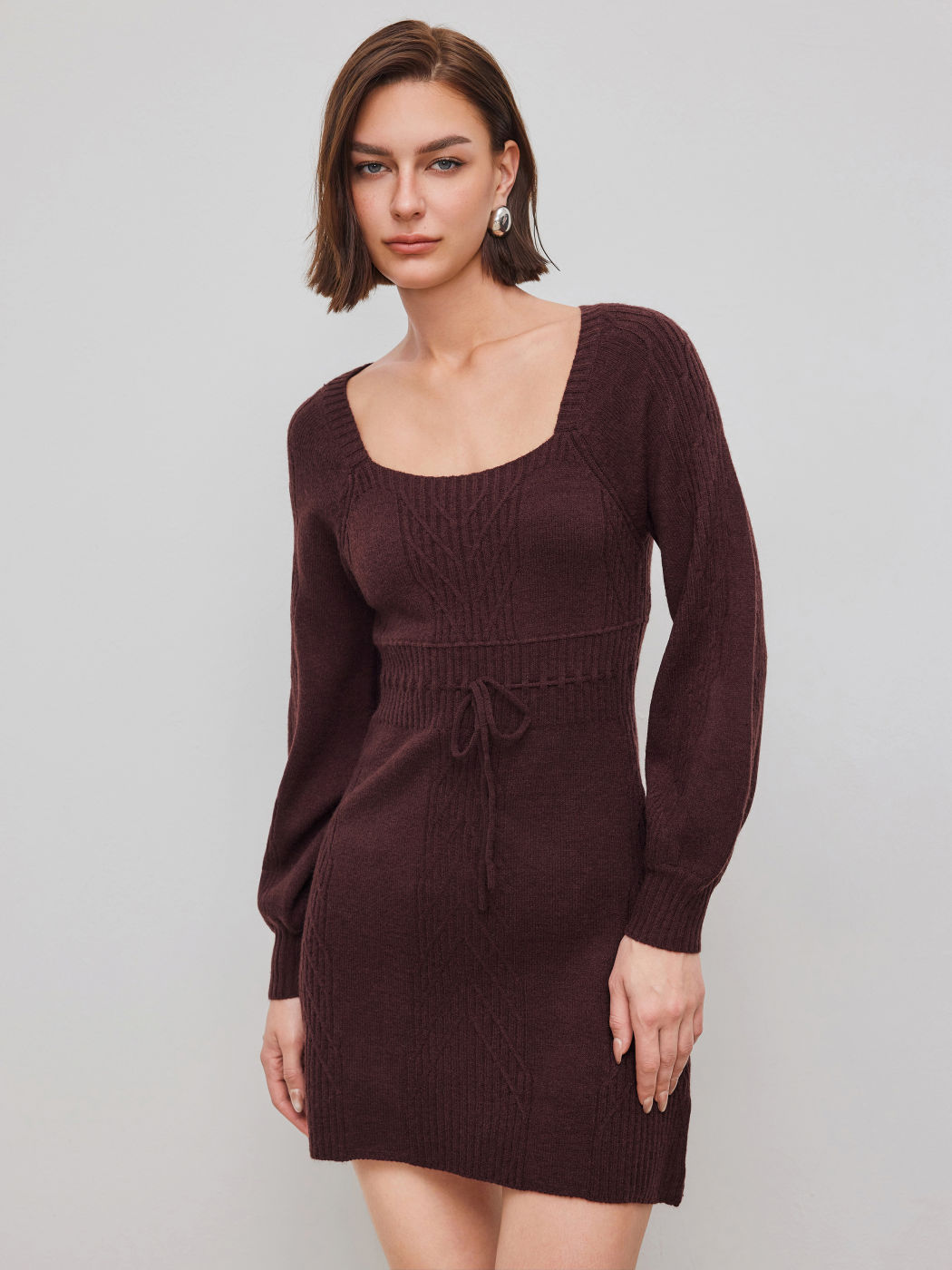 Knit U-neckline Knotted Mini Dress