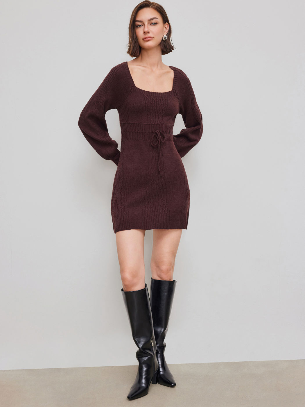 Knit U-neckline Knotted Mini Dress
