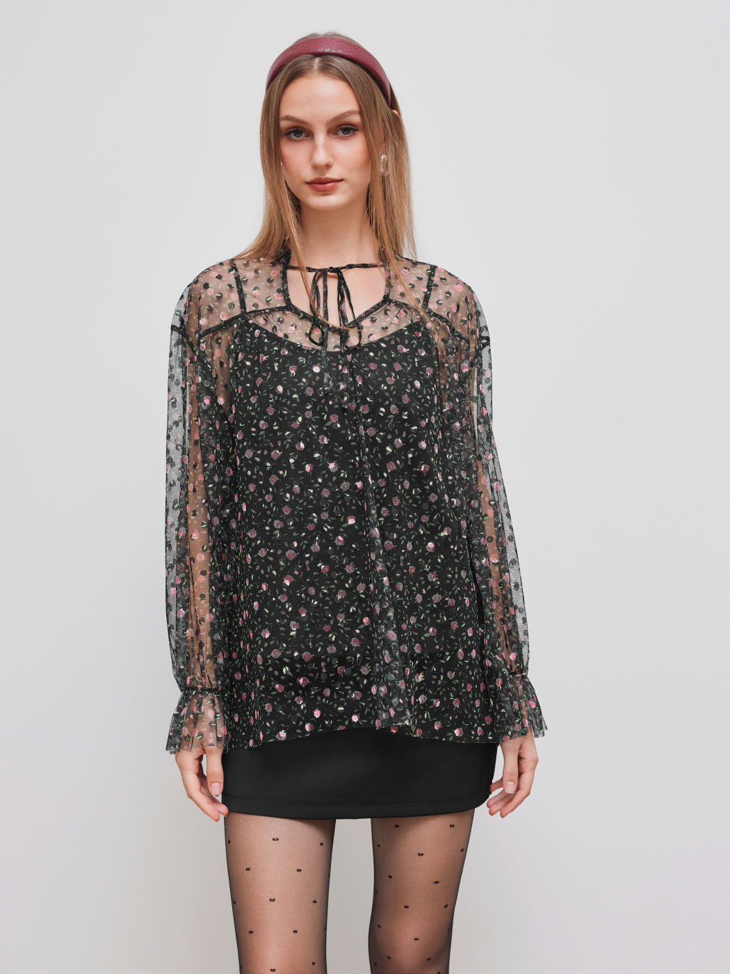 Mesh Stand Collar Floral Oversized Blouse & Cami Top