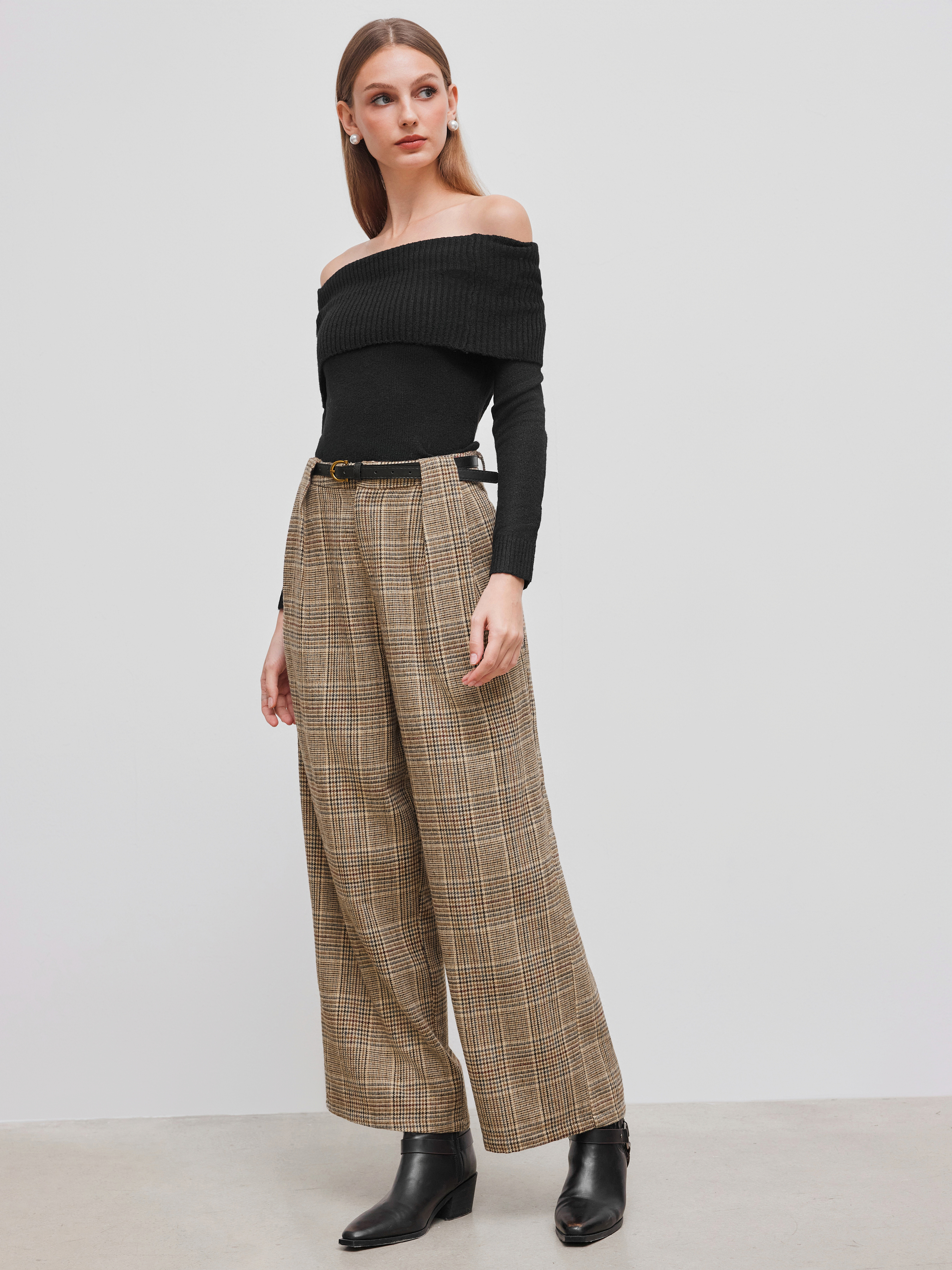 Woven Mid Rise Check Wide Leg Trousers With Belt For Work