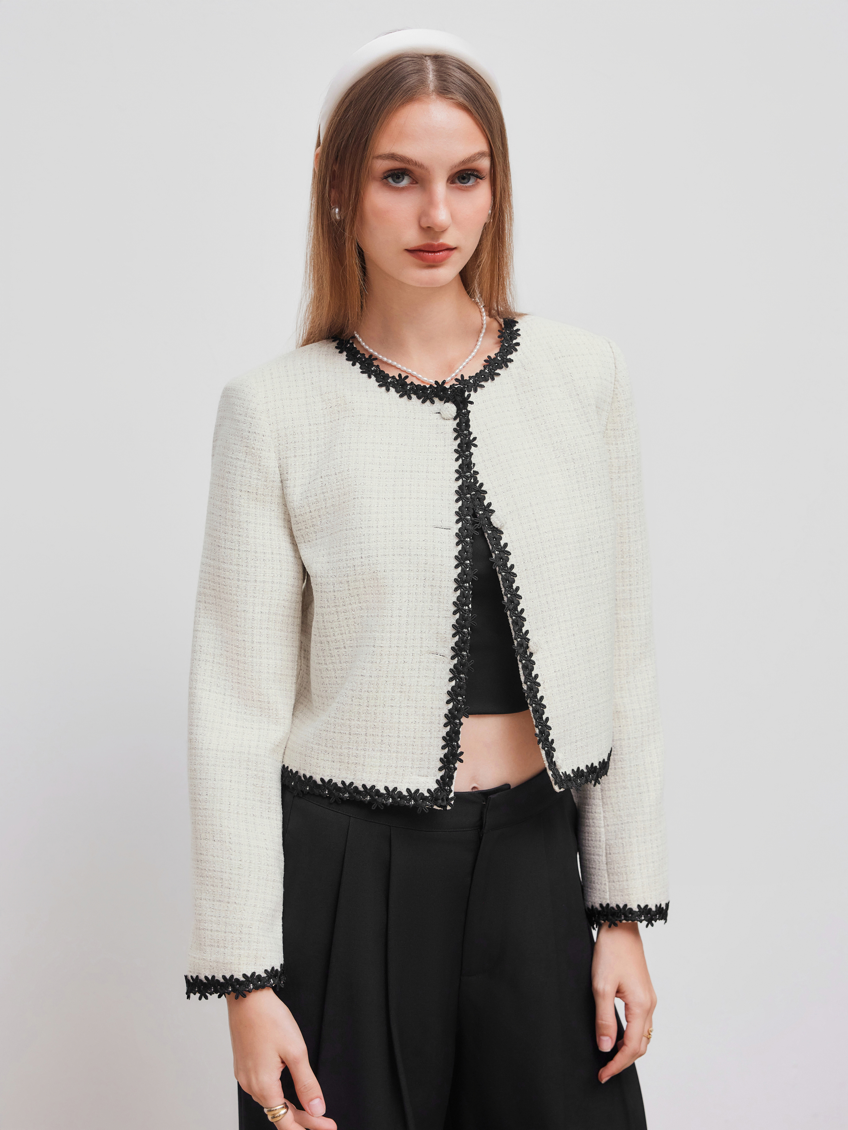 Tweed Tweed Round Neckline Contrasting Binding Jacket For Work
