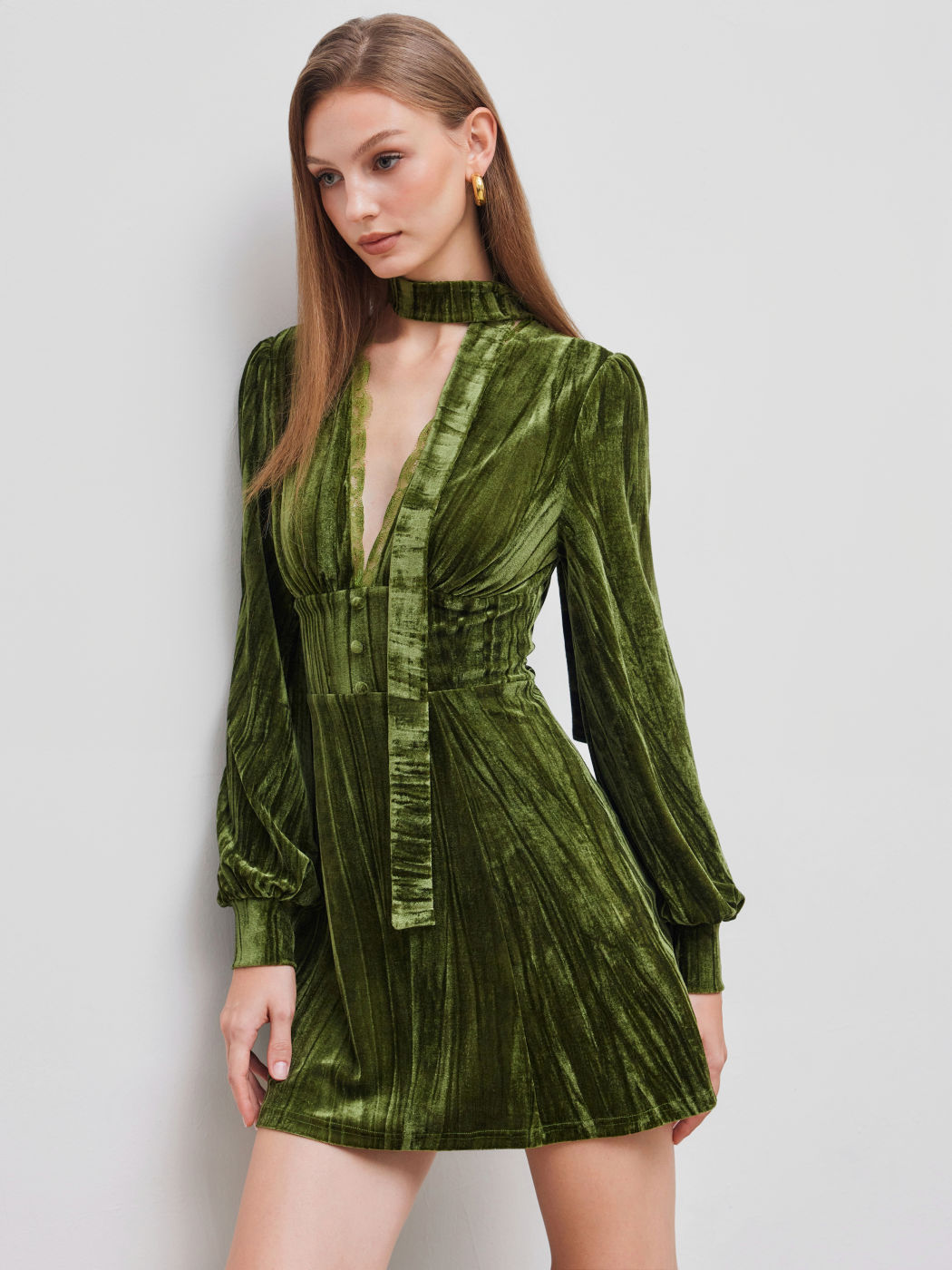 Velvet V-neck Solid Lace Trim Ruffle Long Sleeve Mini Dress