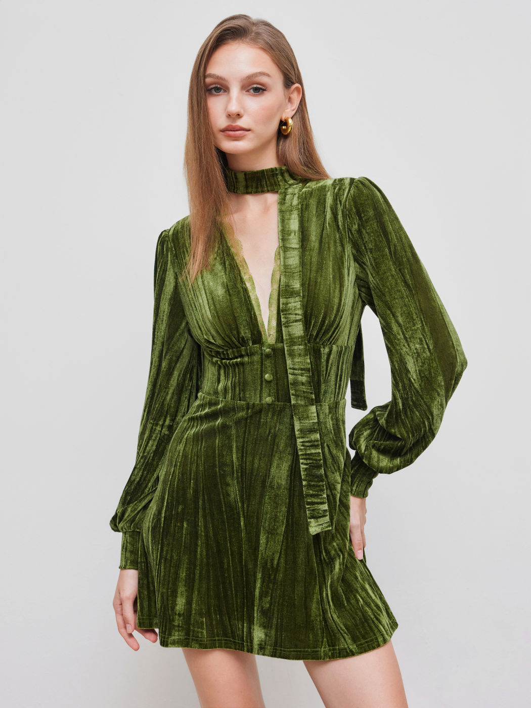 Velvet V-neck Solid Lace Trim Ruffle Long Sleeve Mini Dress