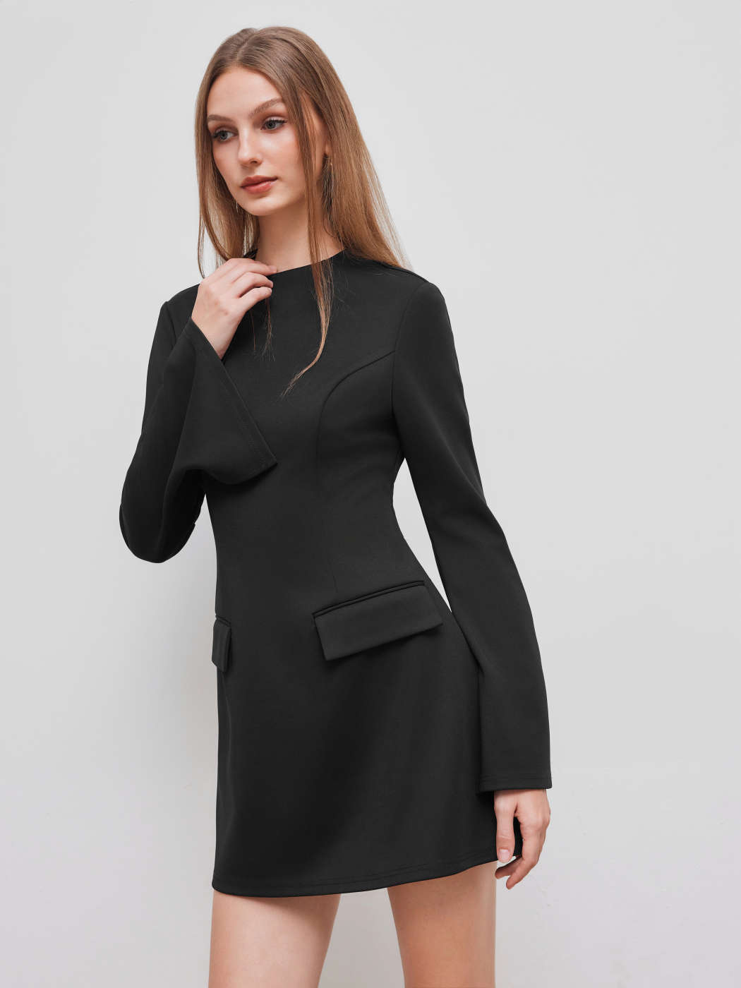 Knit Fabric High Neck Solid Long Sleeve Mini Dress For Work