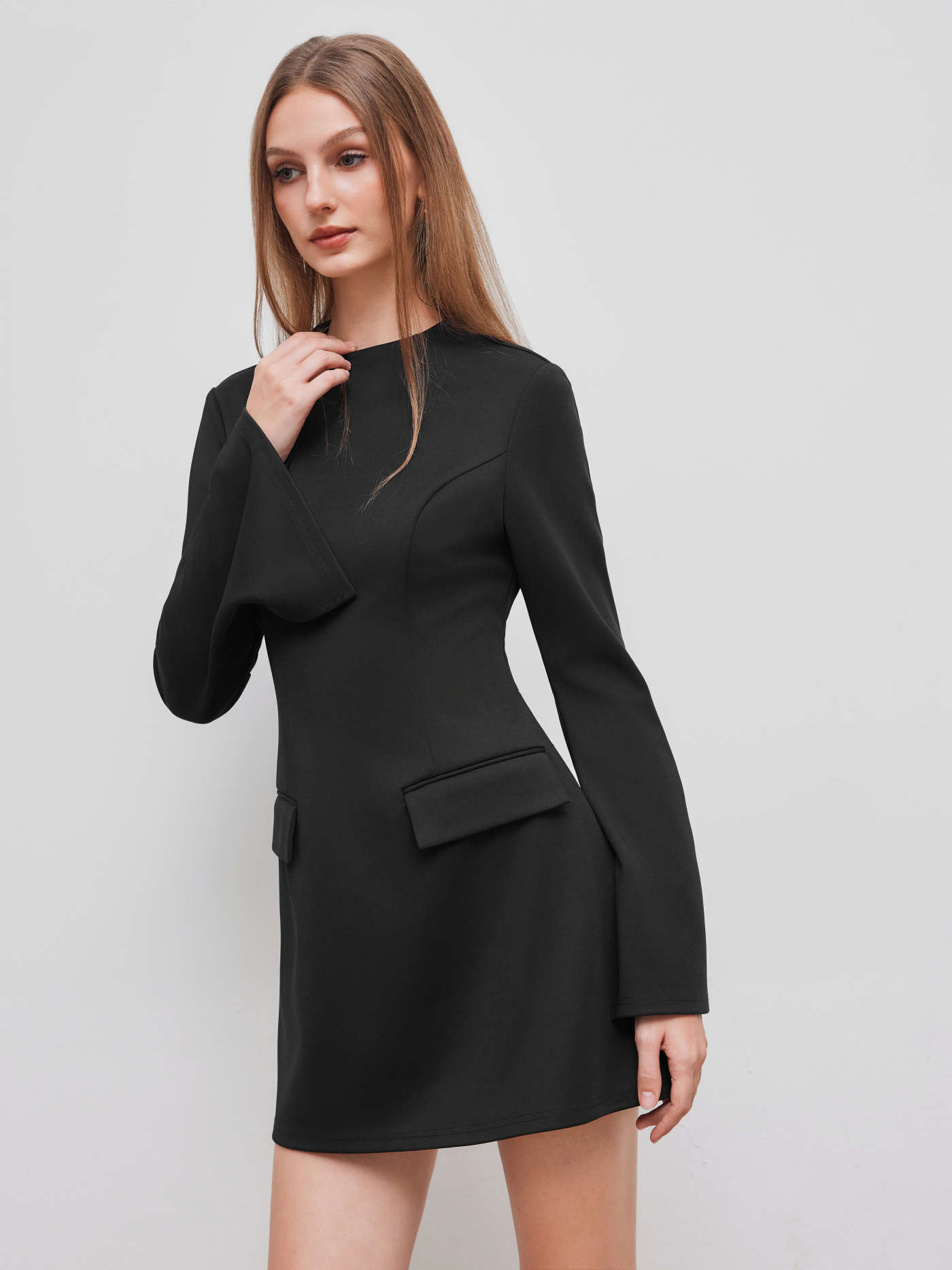 High Neck Solid Long Sleeve Mini Dress