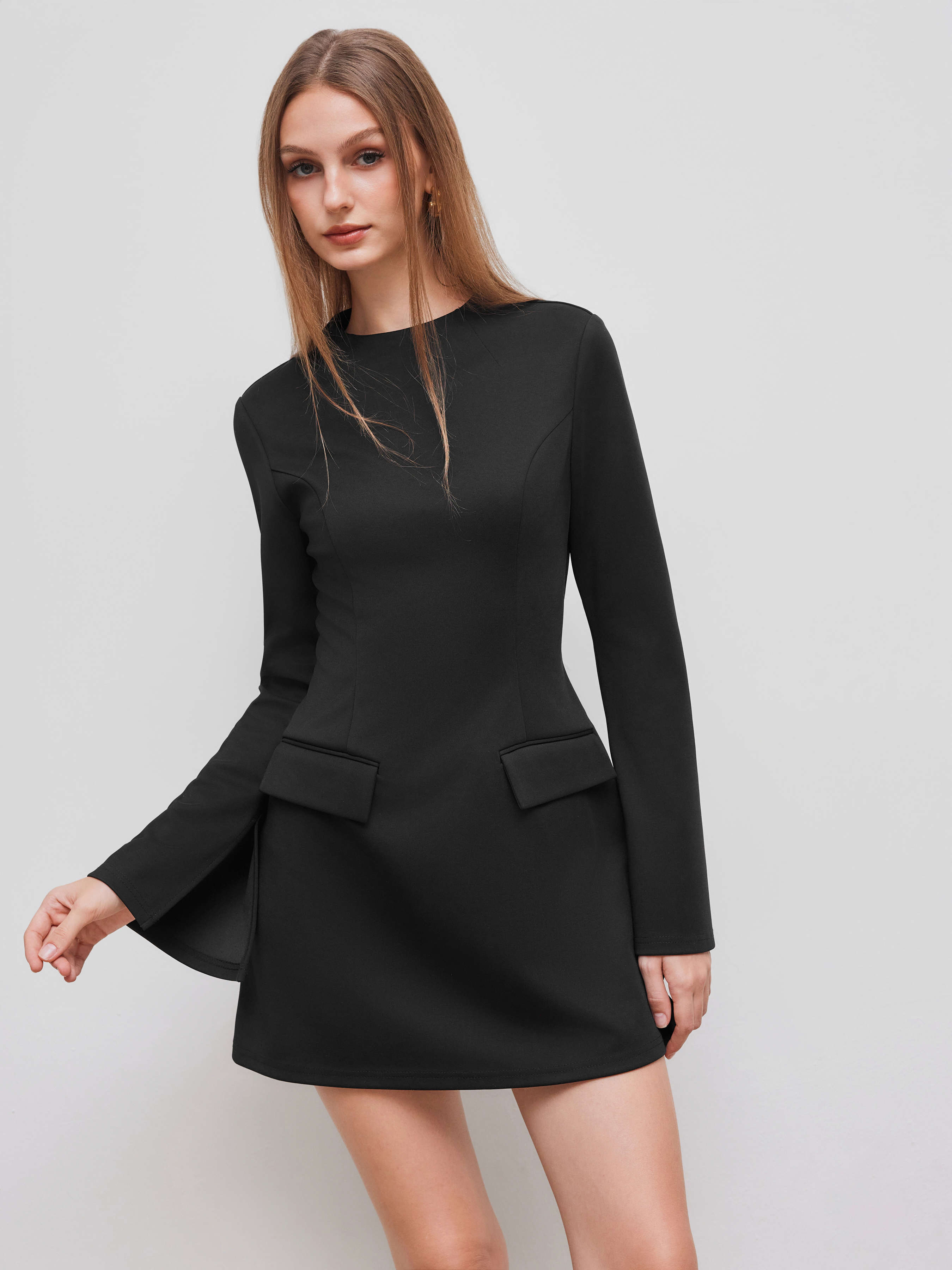 Knit Fabric High Neck Solid Long Sleeve Mini Dress For Work