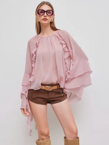 Chiffon-Bluse mit Wellenrand und durchsichtigen Glockenhäuten