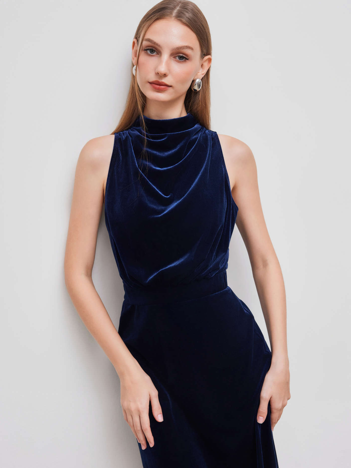 Velvet High Neck Solid Ruched Midi Dress