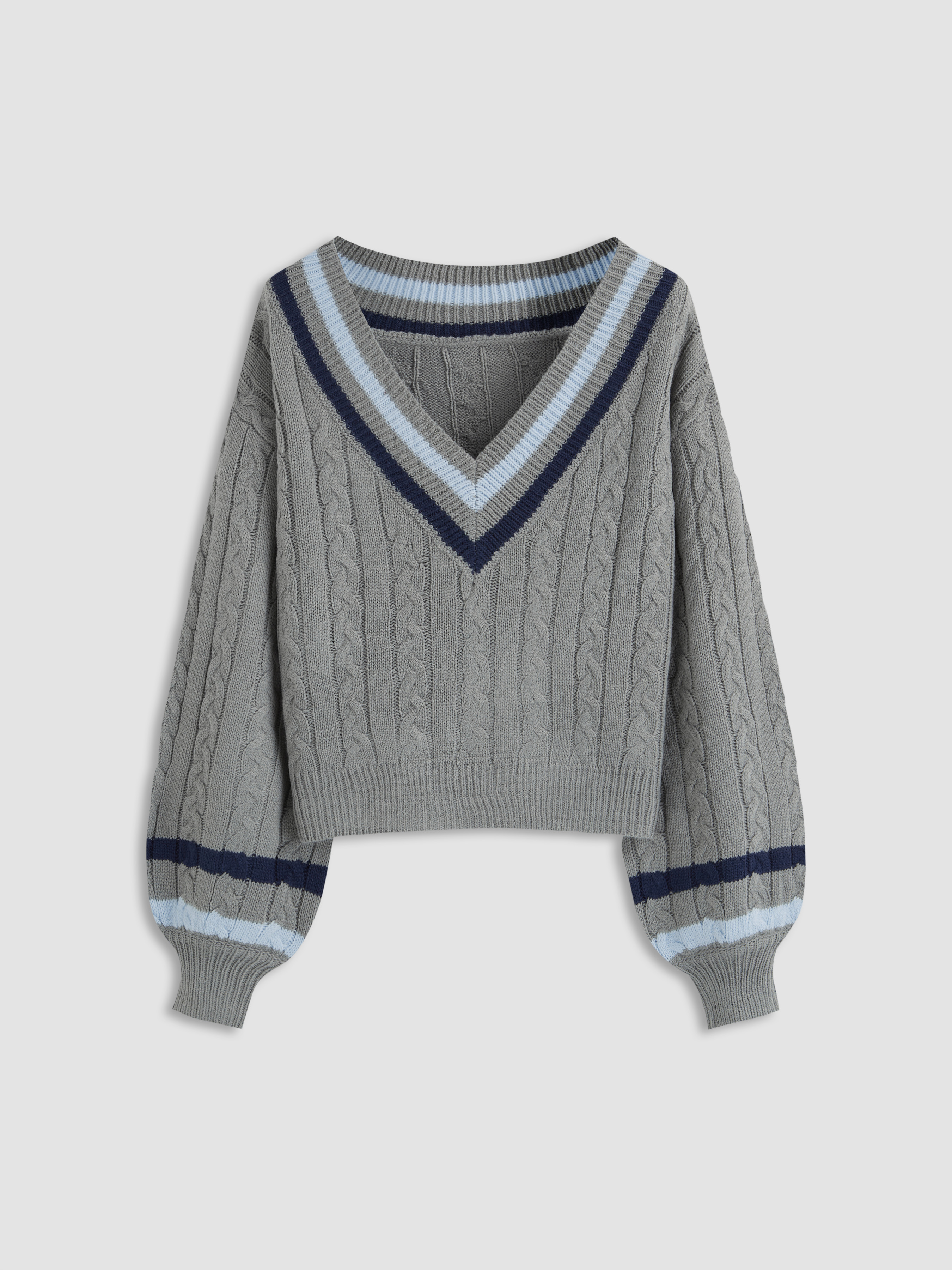 Preppy Knit Fabric Cable Knit V-neck Solid Contrasting