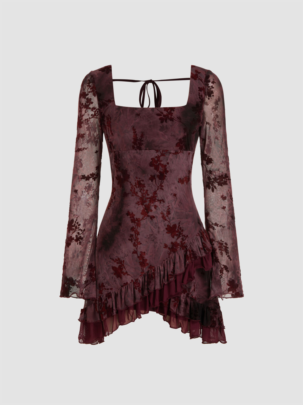 Mesh Square Neck Floral Ruffle Hem Mini Dress