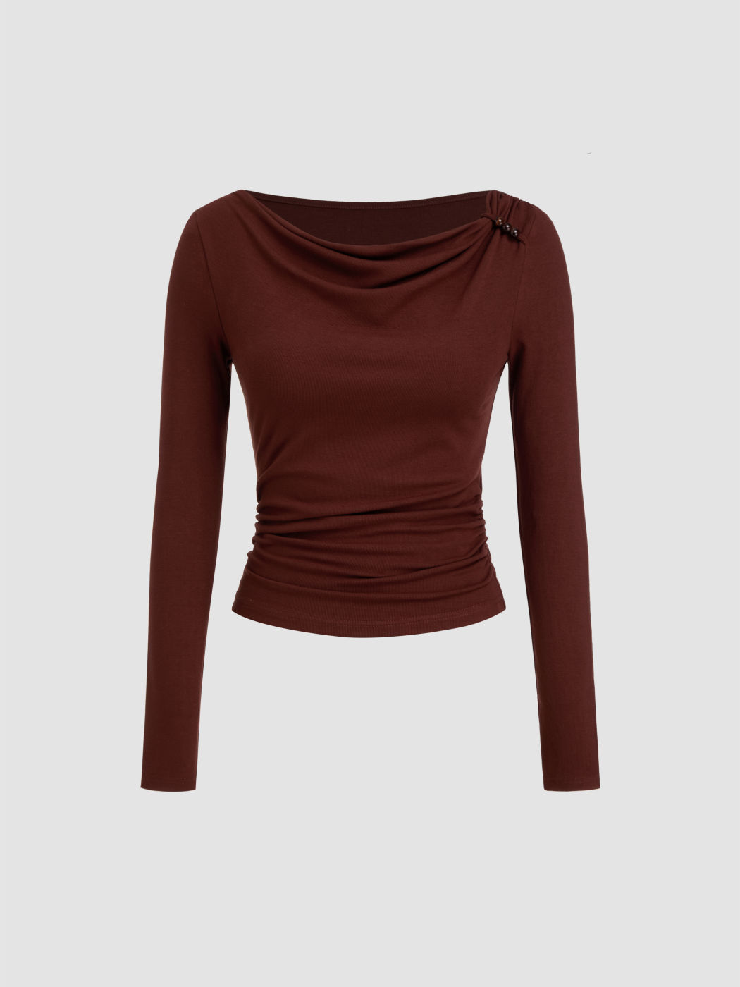 Cowl Neck Beaded Ruched Long Sleeve Top