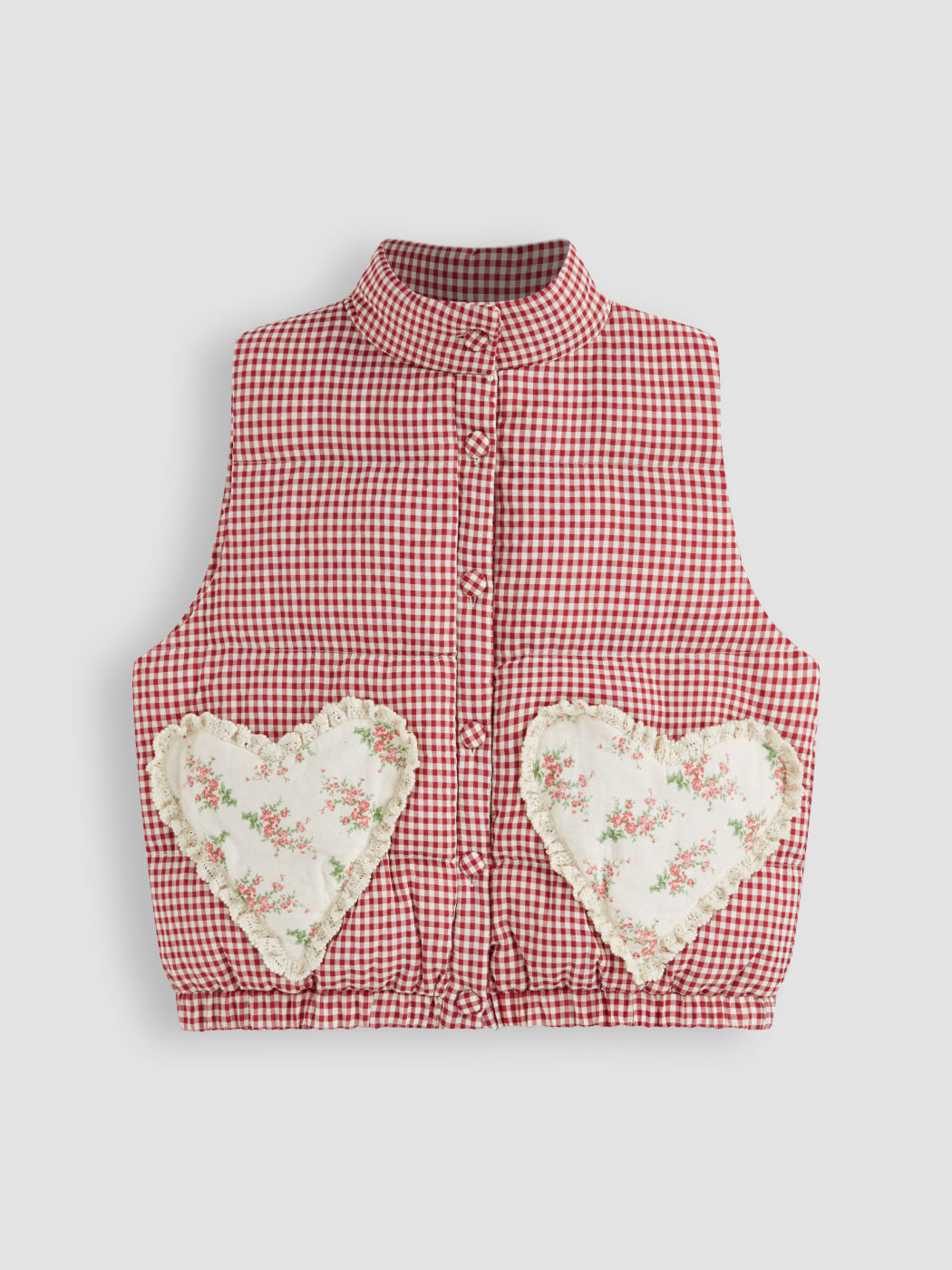 Stand Collar Gingham Floral Heart Oversized Puffer Vest