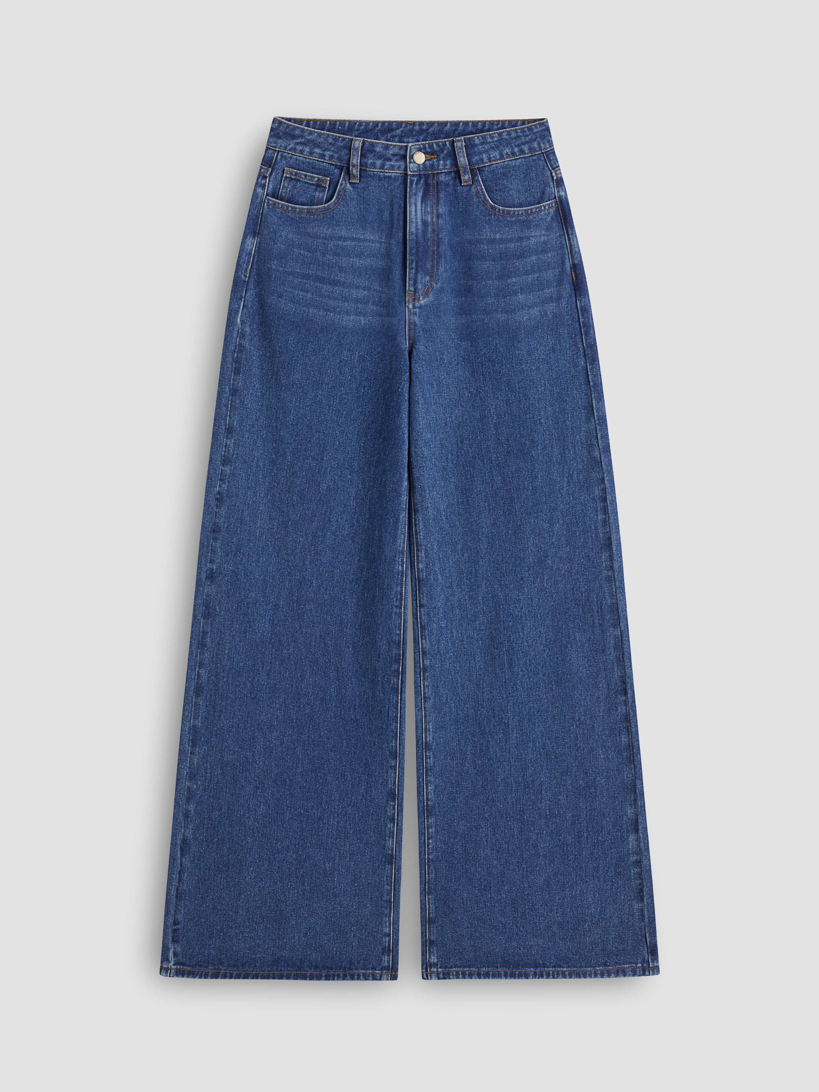 Denim Denim Mid Rise Pocket Wide Leg Jeans For Work
