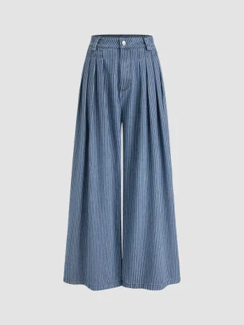 Denim Mid Rise Striped Pleated Wide Leg Jeans