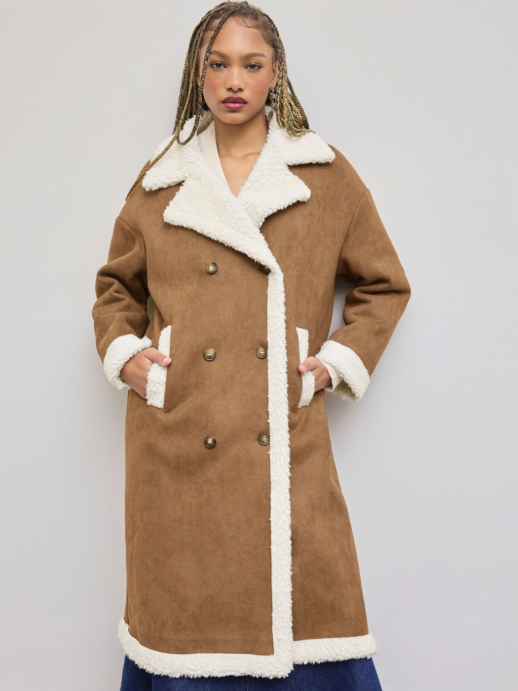 Faux Shearling Doppelreihiger Oversized Mantel mit Sherpa-Futter