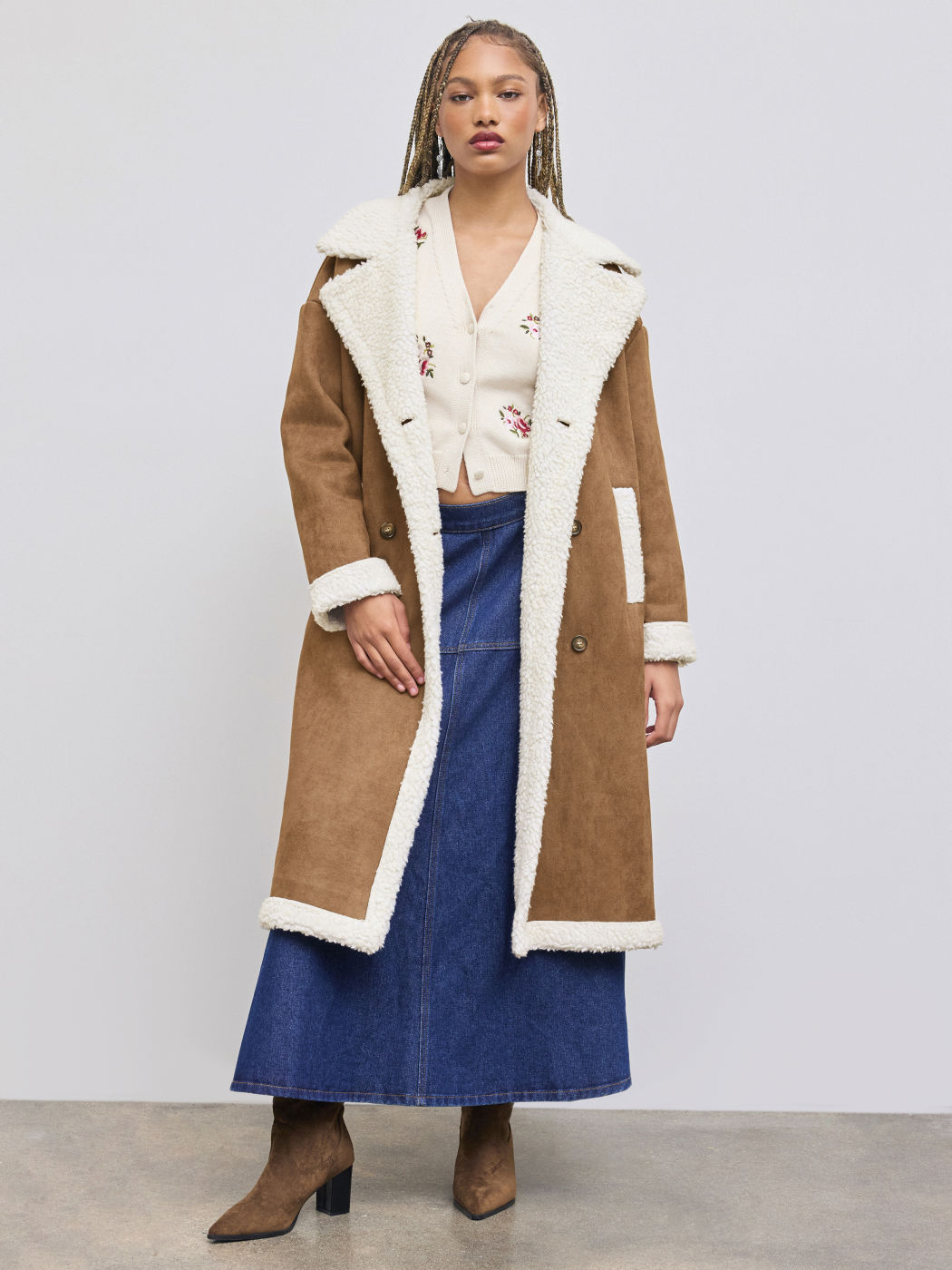 Faux Shearling Doppelreihiger Oversized Mantel mit Sherpa-Futter