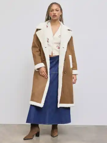 Faux Shearling Doppelreihiger Oversized Mantel mit Sherpa-Futter
