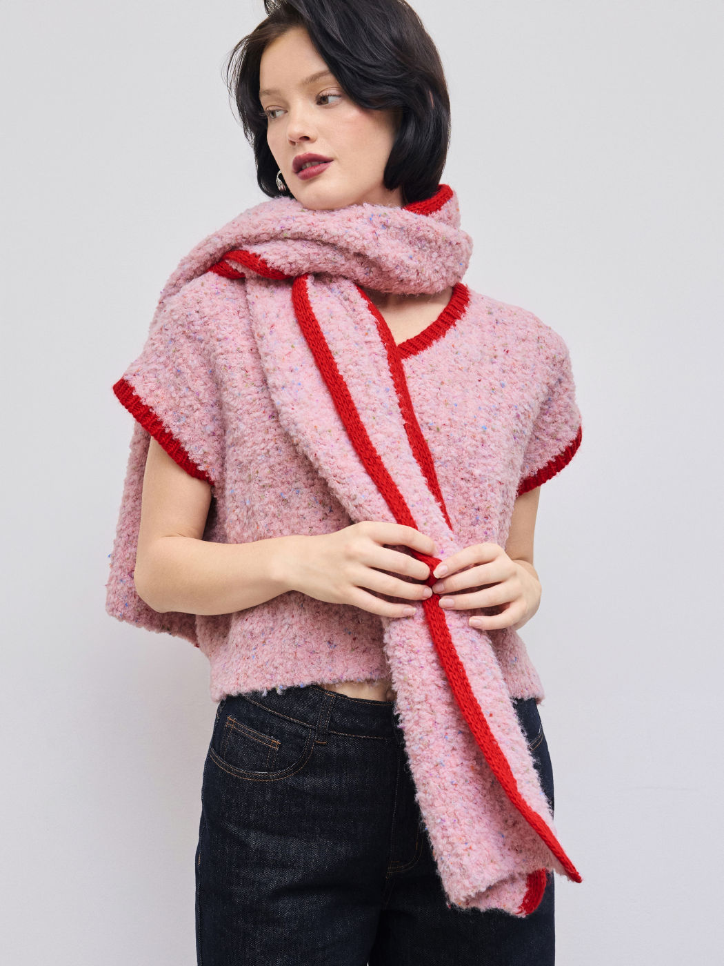 Knit V-neck Contrasting Binding Oversized Top With Scarf