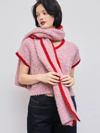 Knit V-neck Contrasting Binding Oversized Top With Scarf