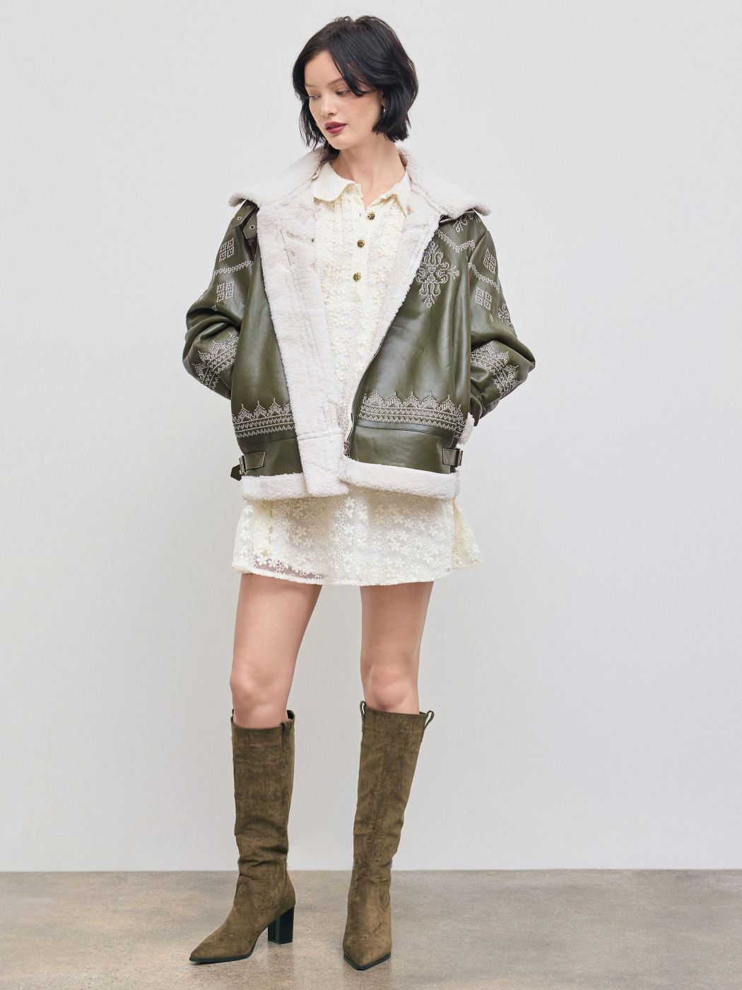 Faux Shearling Stand Collar Aztec Oversized Jacket