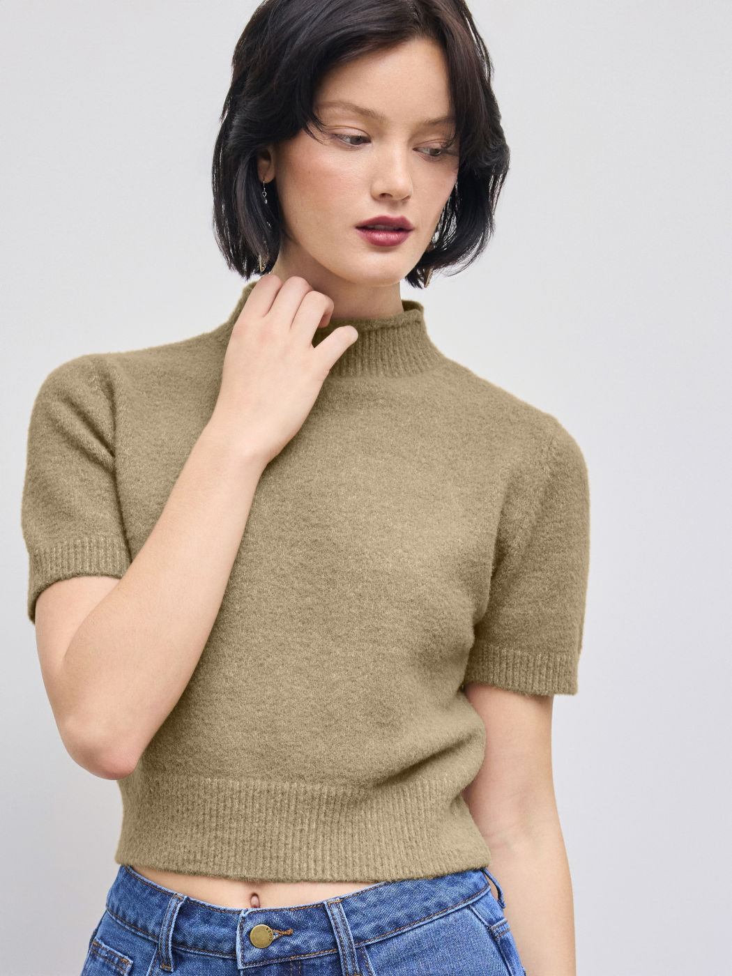 Wollmix Kurzarm Crop Top mit Hohem Kragen