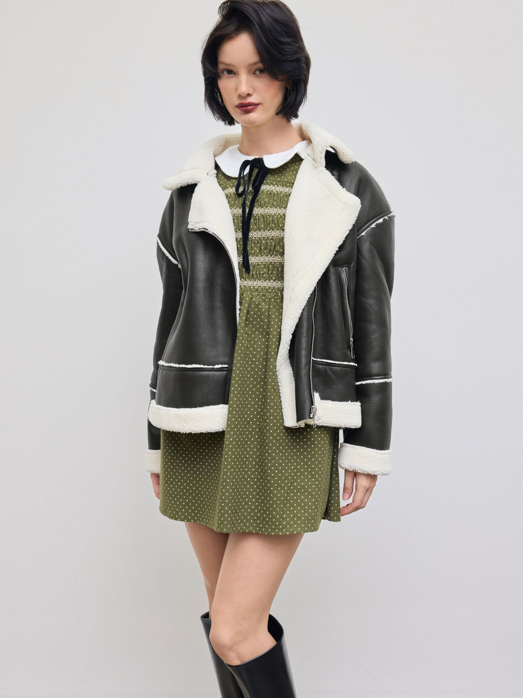 Faux Shearling Collar Solid Pocket Zipper Jacket