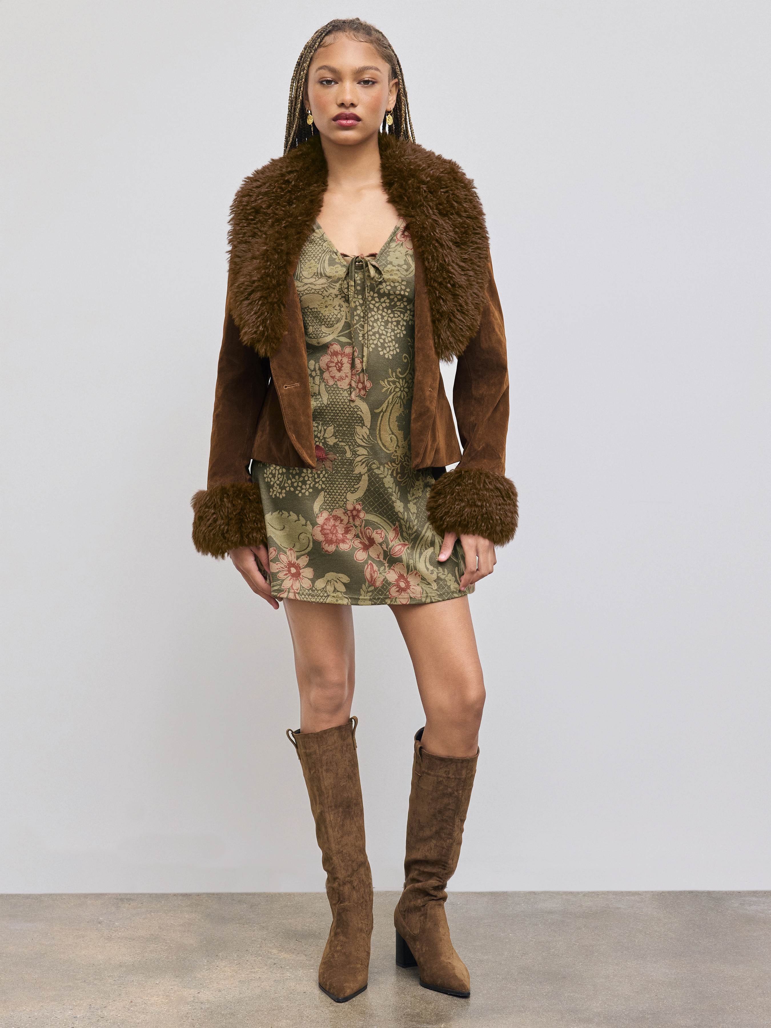 Suede Suede V-neck Jacket With Fur Lining For Music Festival