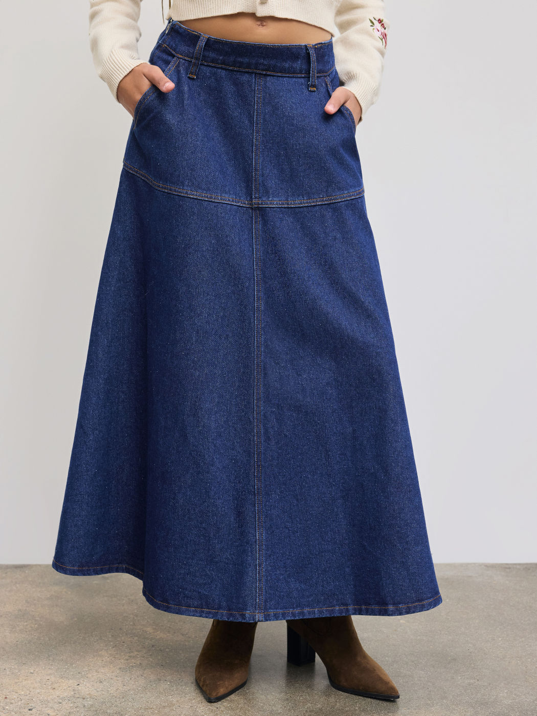 Denim Mid Rise Pocket Ruffle Maxi Skirt