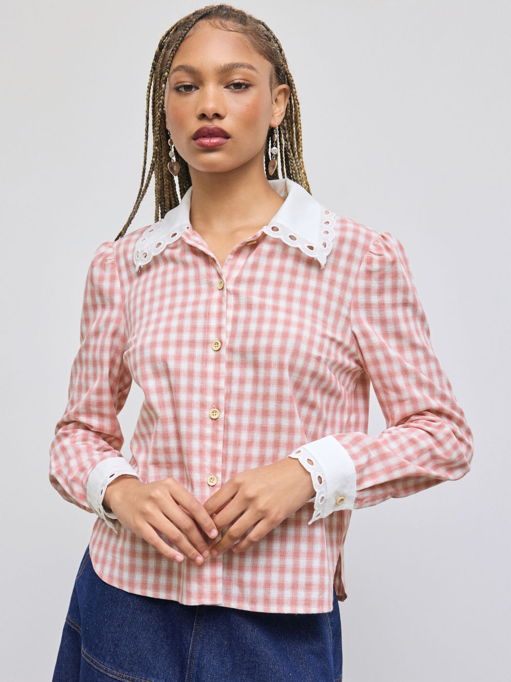 100% Cotton Collar Gingham Contrasting Binding Blouse