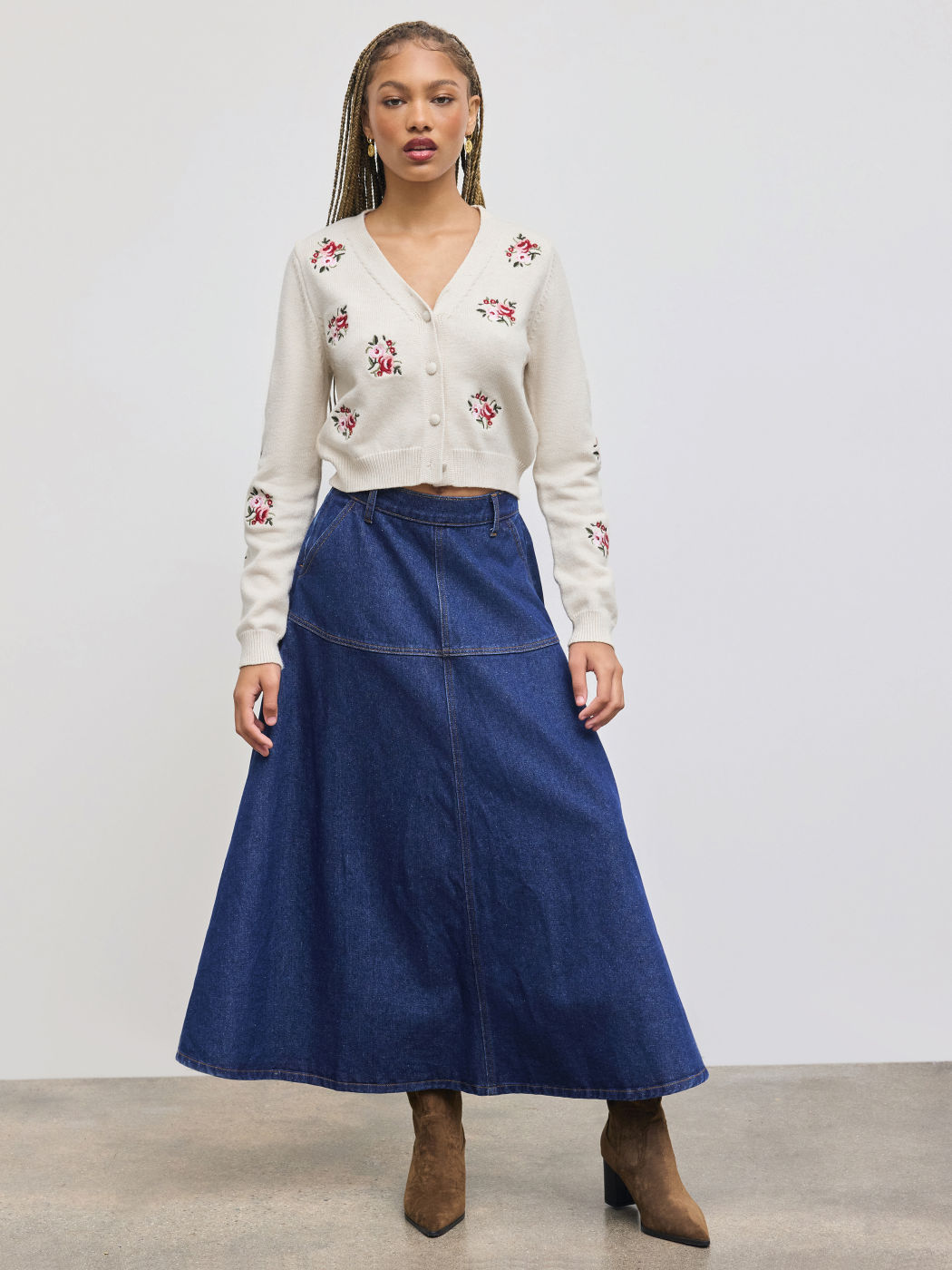 Denim Mid Rise Pocket Ruffle Maxi Skirt