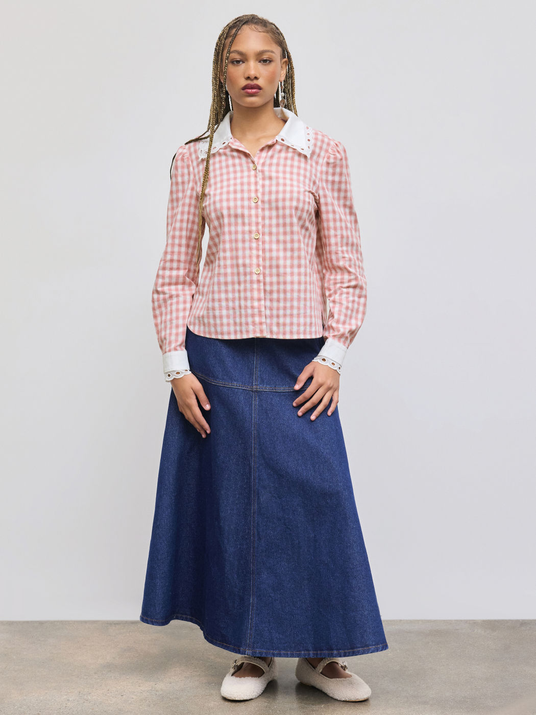 100% Cotton Collar Gingham Contrasting Binding Blouse