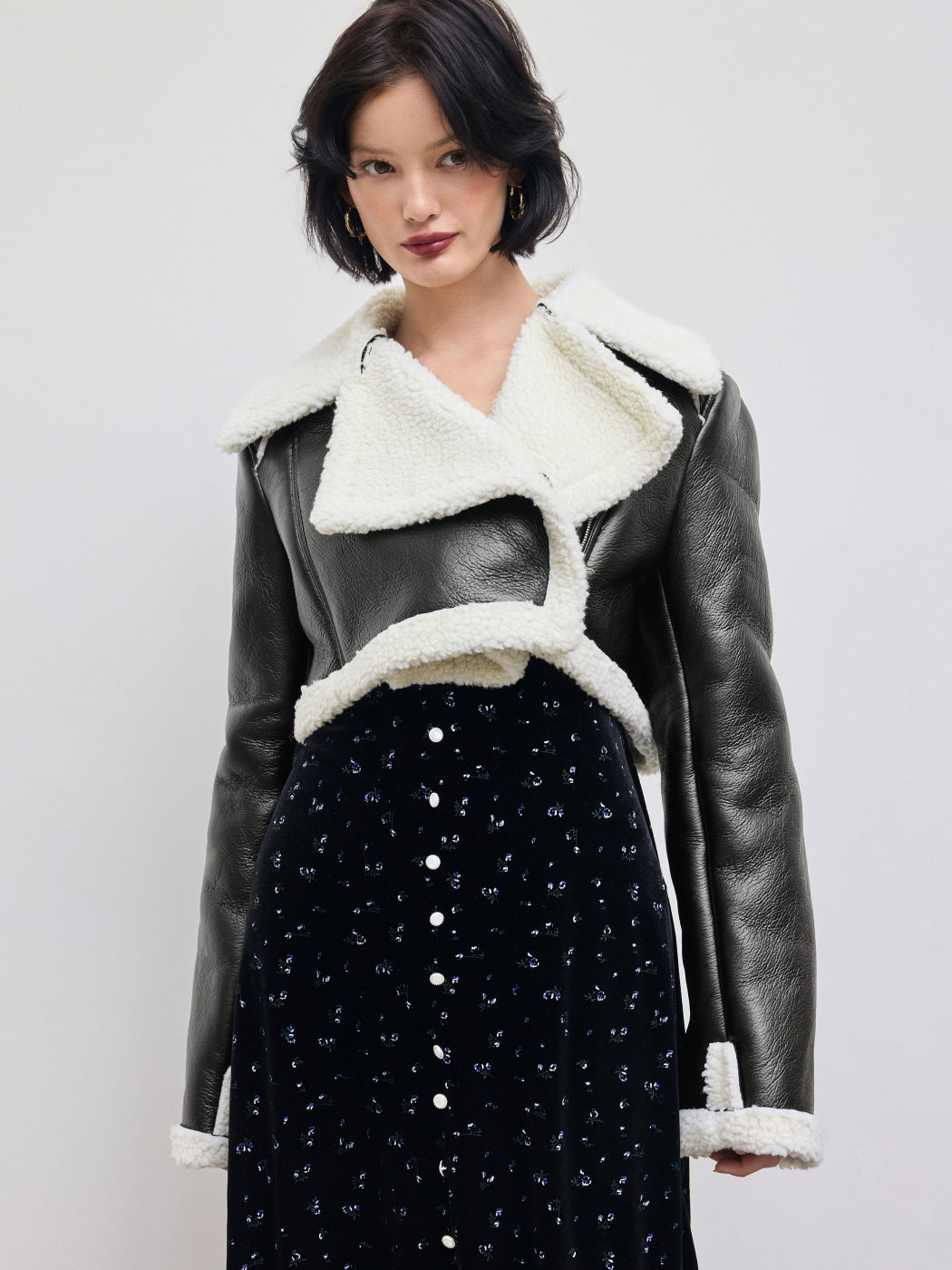 Fleece Contrast Faux Leather Cropped Shearling Jacket
