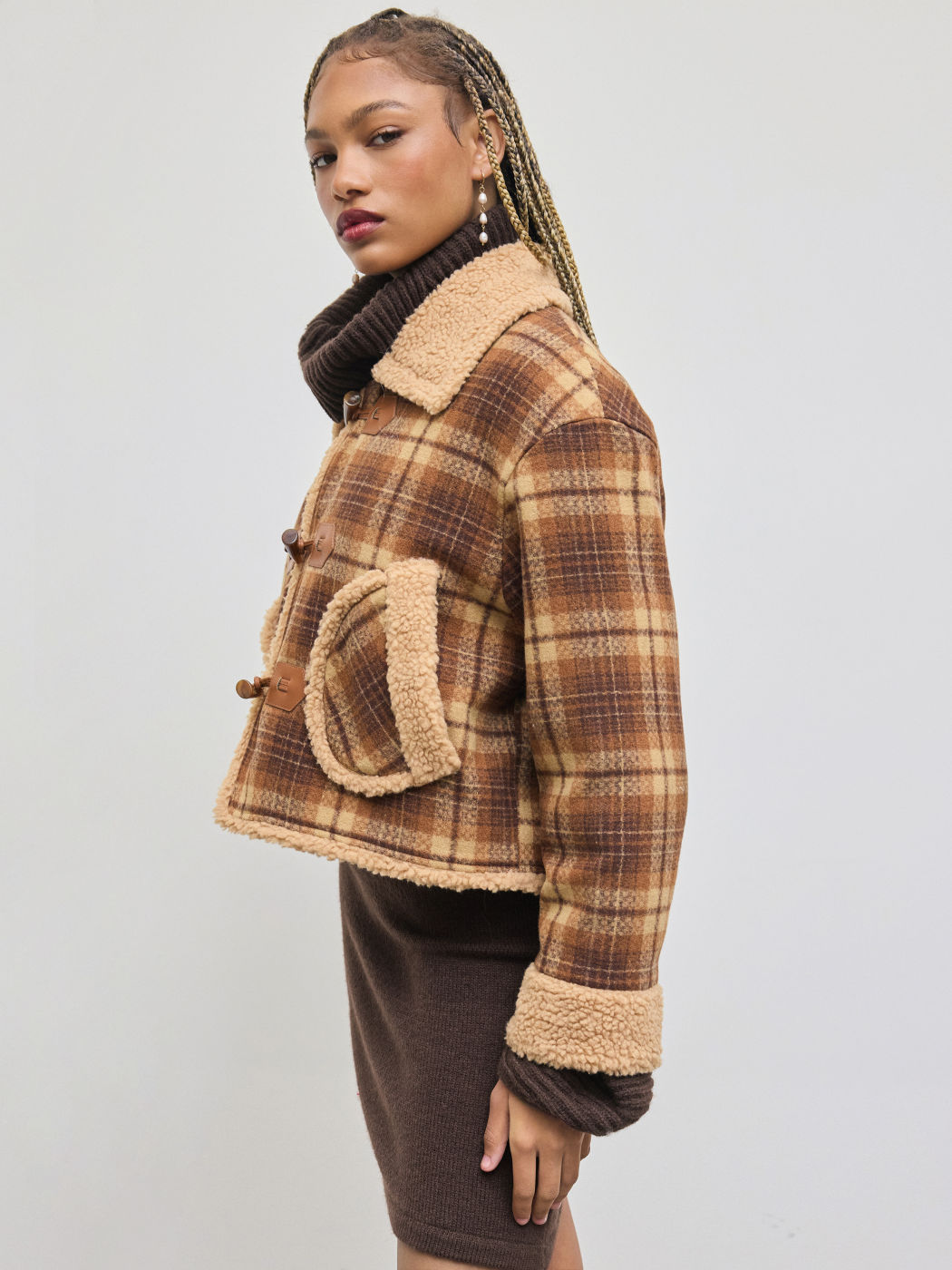 Fleece Collar Tartan Pocket Toggle Button Oversized Jacket