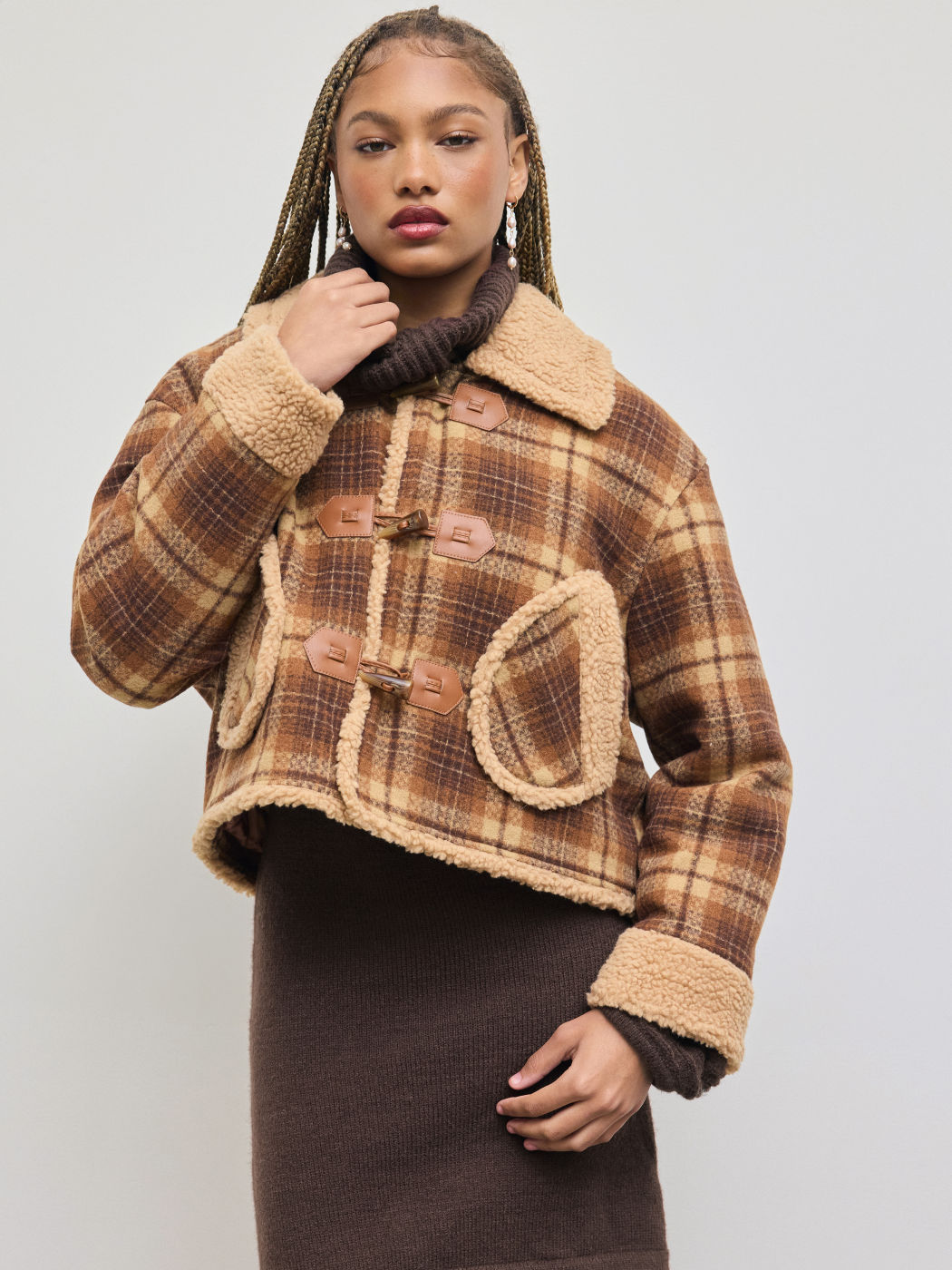 Fleece Collar Tartan Pocket Toggle Button Oversized Jacket