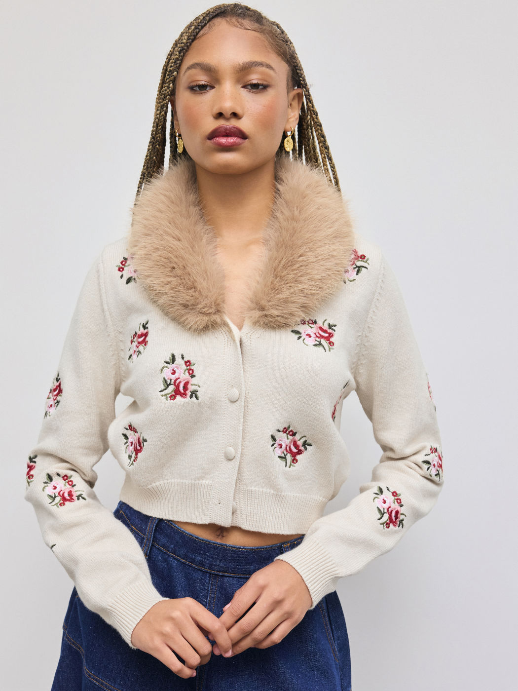 Knit V-neck Floral Embroidery Cardigan With Removable Faux Fur Collar