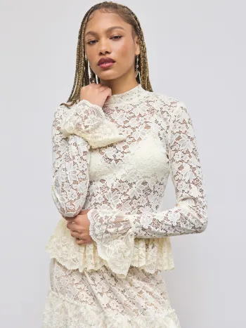Lace Ruffle See-Through Long Bell Sleeve Top