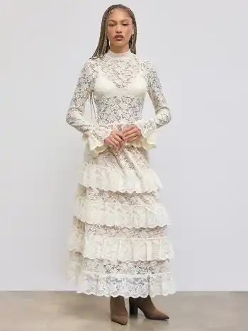 Lace Ruffle See-Through Long Bell Sleeve Top