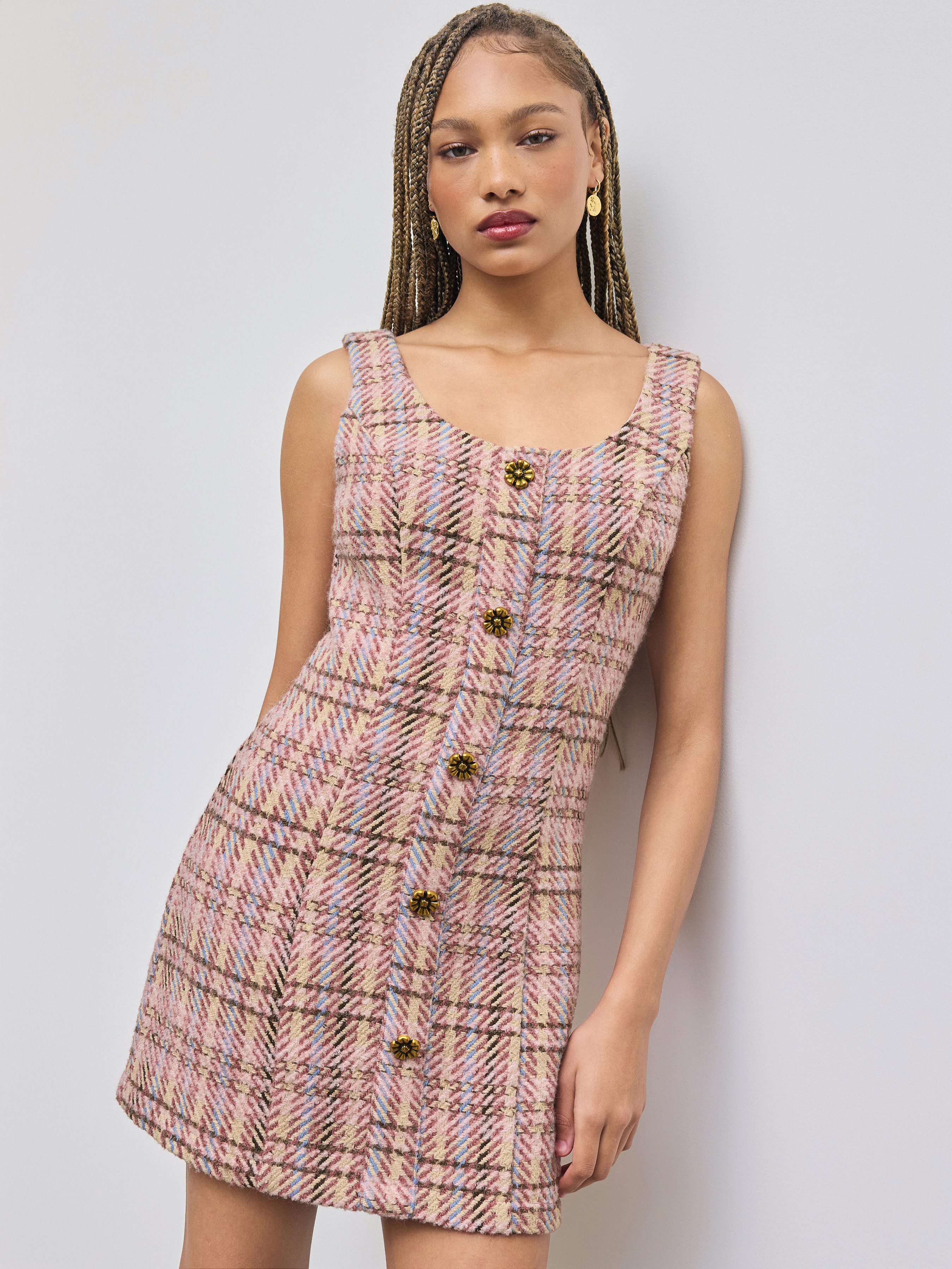 Tweed Tweed Scoop Neckline Flower Button Mini Dress For Date