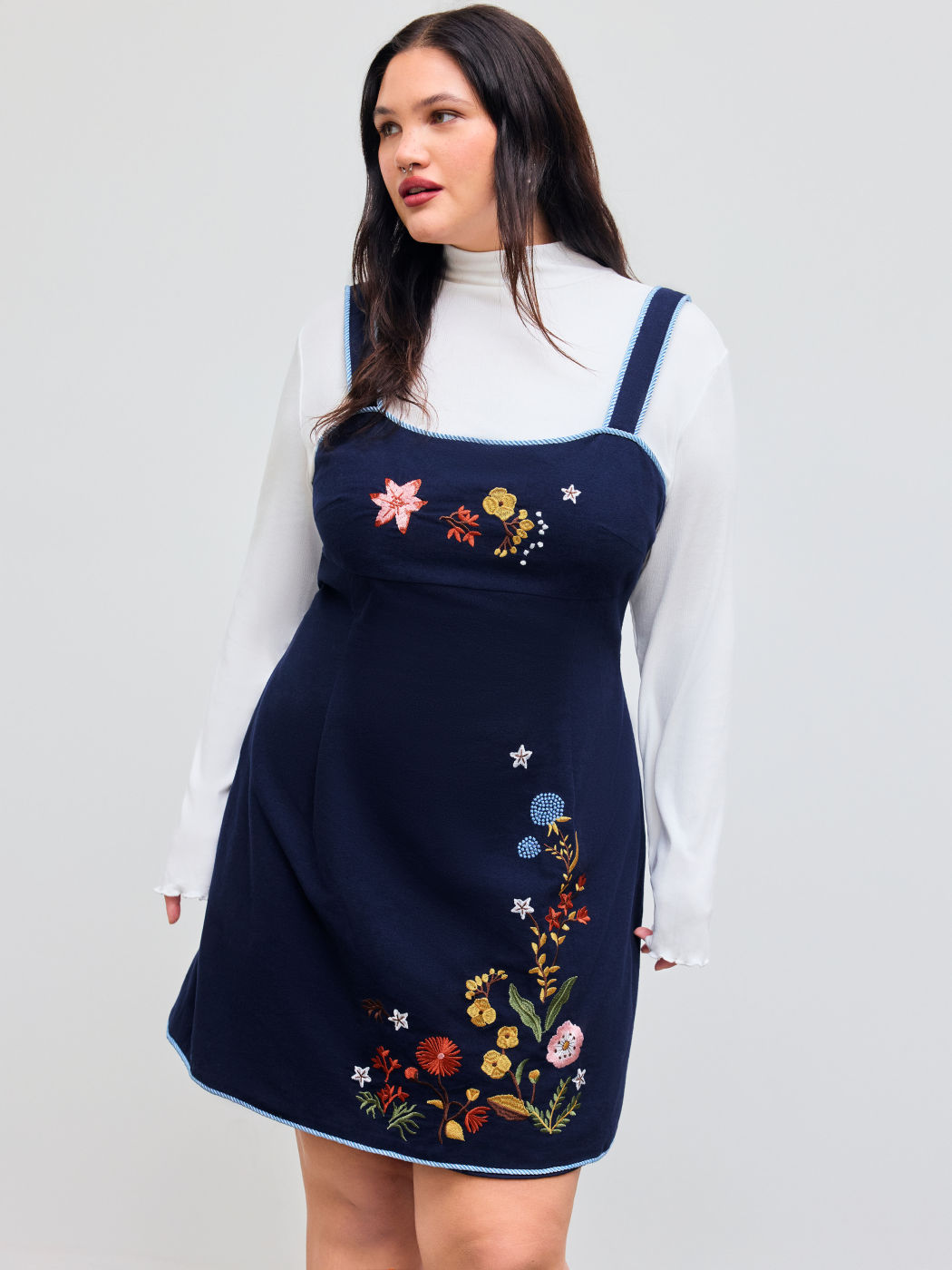 100% Cotton Square Neck Floral Embroidery Zipper Mini Dress Curve & Plus