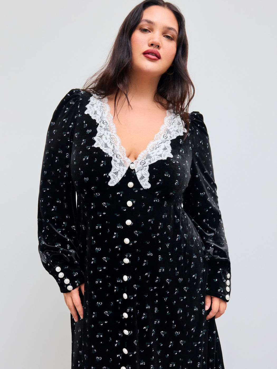 Velvet V-neck Lace Floral Ruffle Midi Dress Curve & Plus