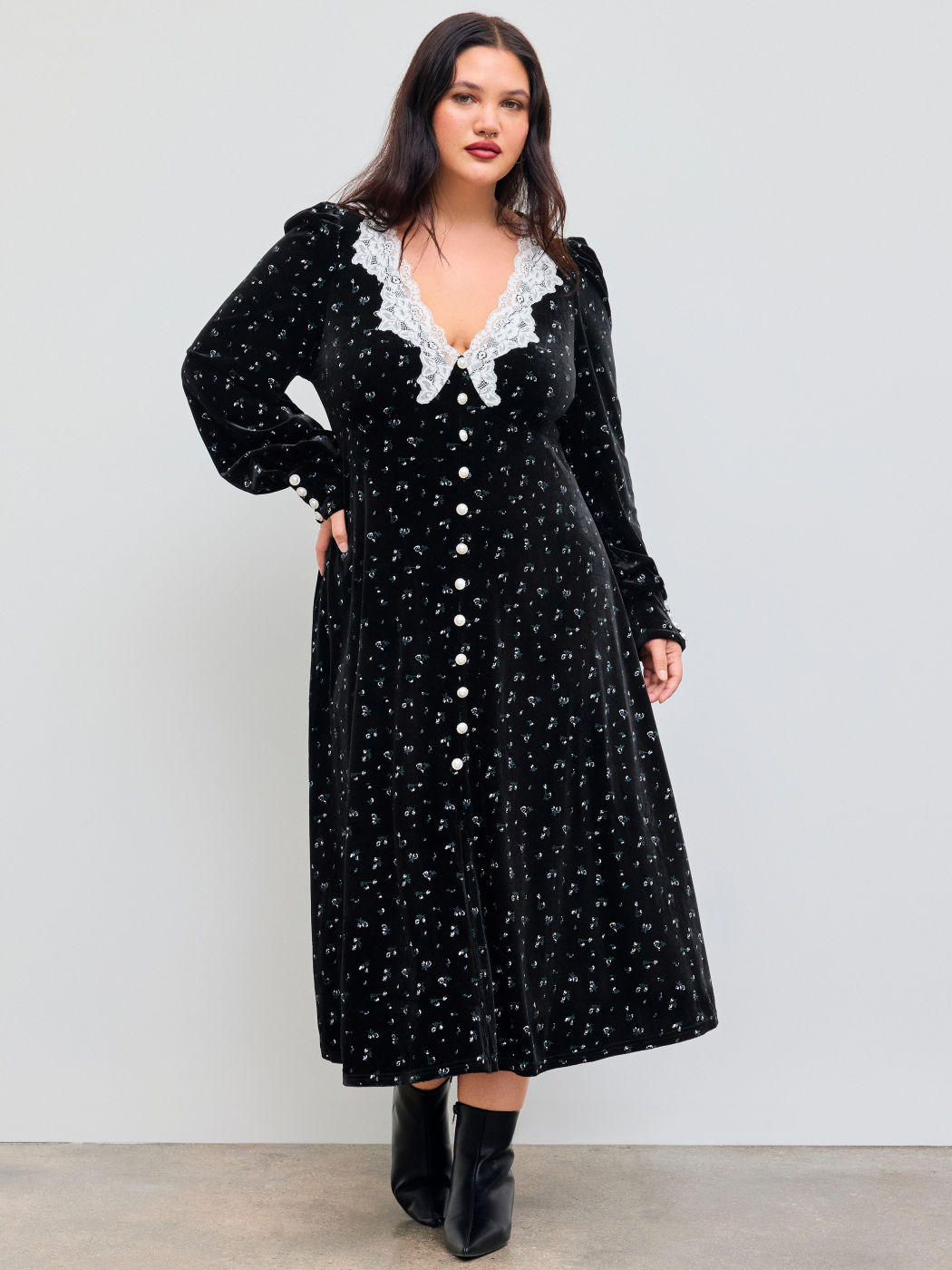 Velvet V-neck Lace Floral Ruffle Midi Dress Curve & Plus